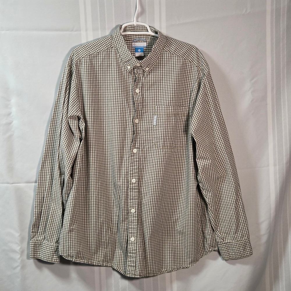 Columbia Button Down Shirt Mens XL Green Plaid Long Sleeve Outdoor Grid Pocket